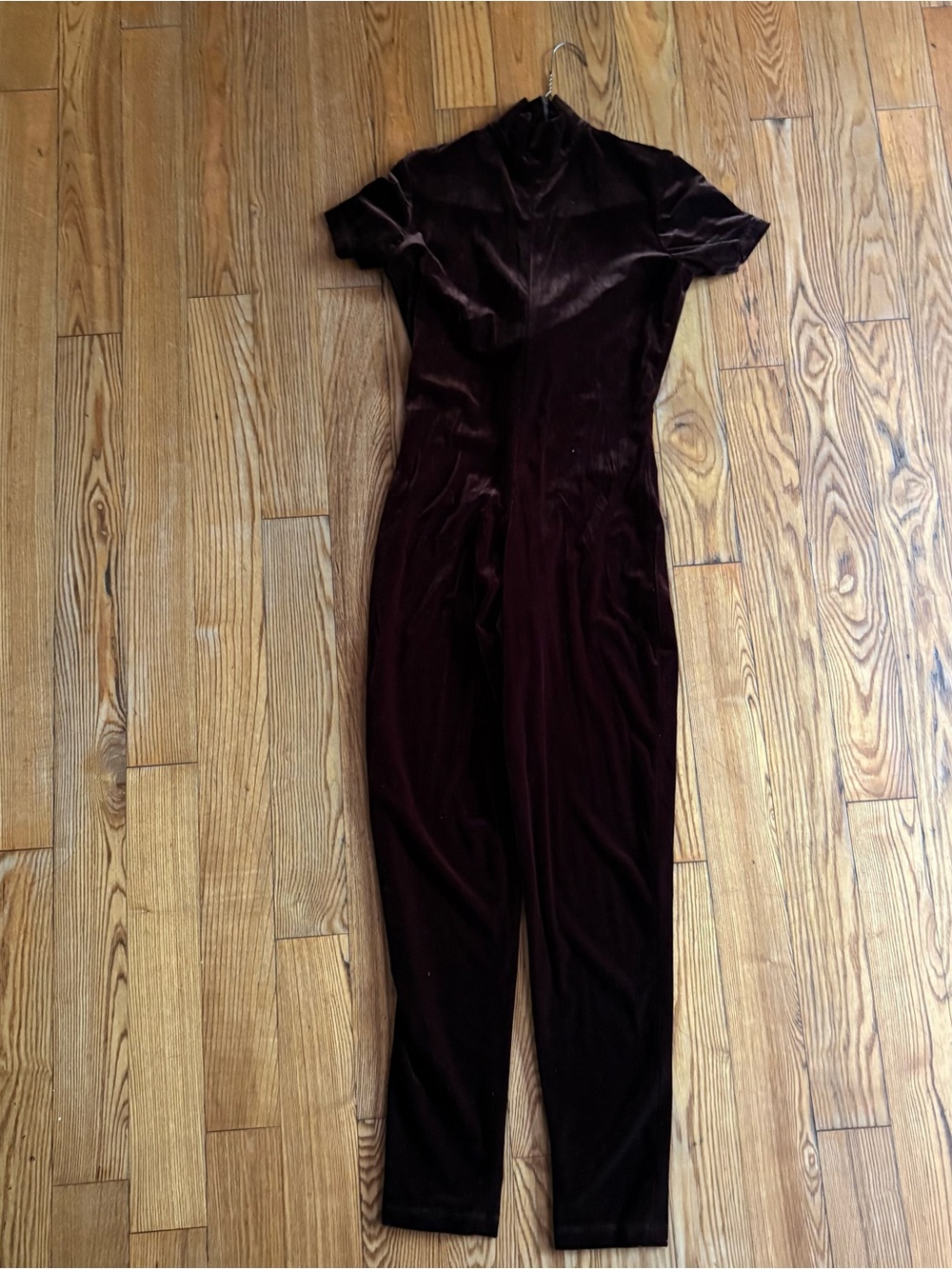 Velvet Short-Sleeve Jumpsuit in Deep Burgundy